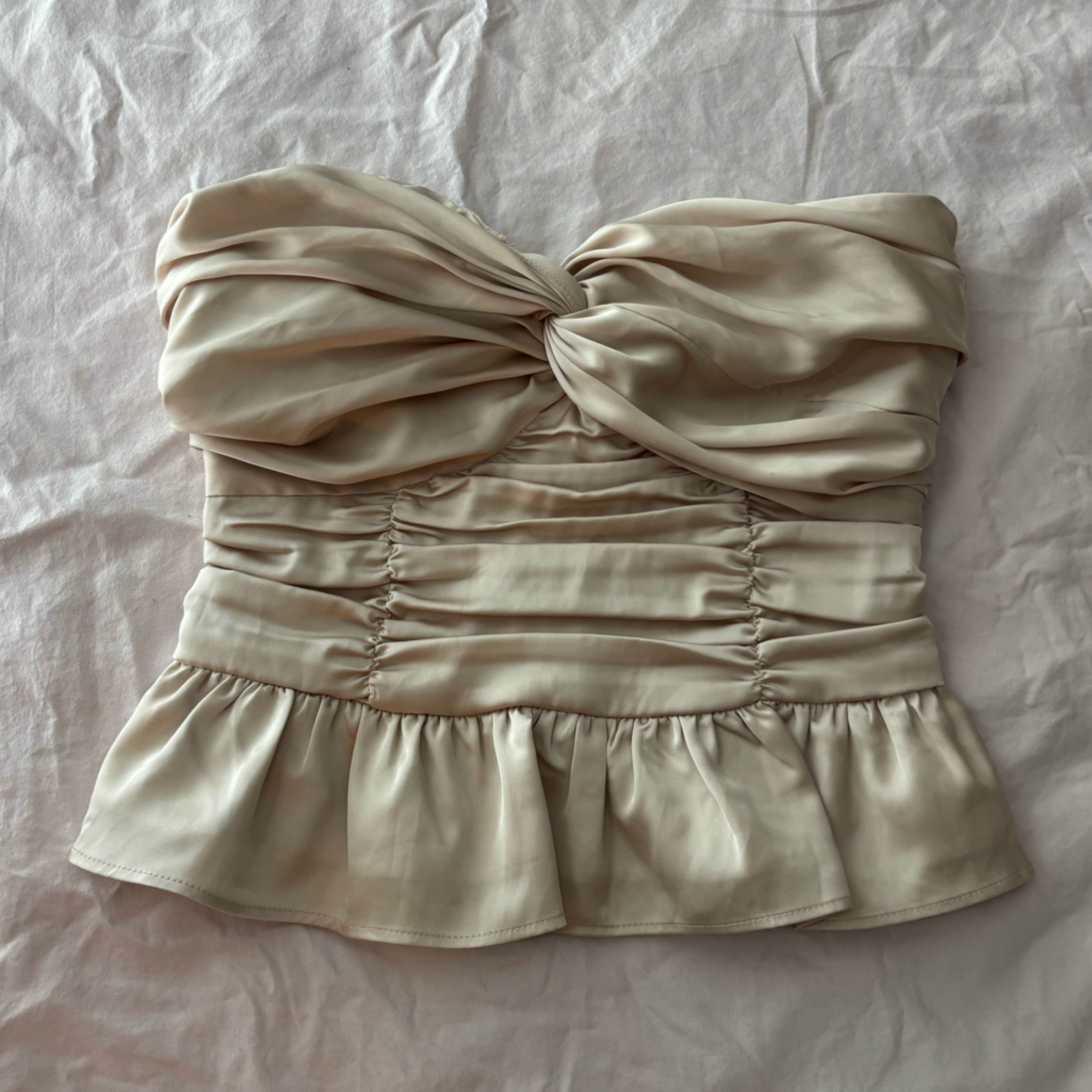 Express Satin Strapless Ruffle Bustier In Champagne